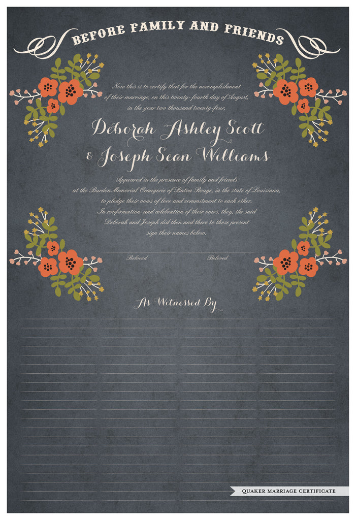Quaker Marriage Certificate - Folk Garland (parchment slate blue/red flowers)