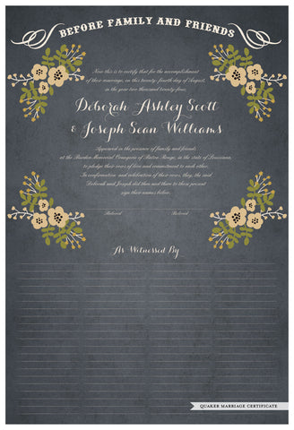 Quaker Marriage Certificate - Folk Garland (parchment slate blue/vanilla flowers)