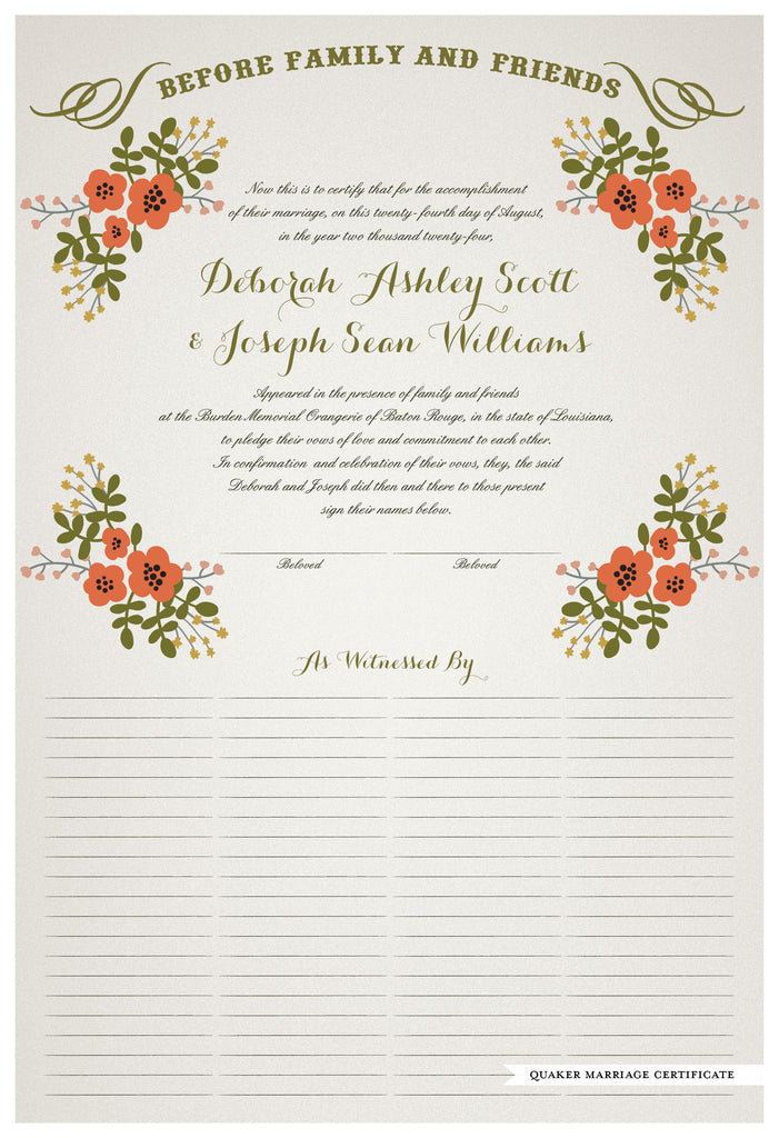 Quaker Marriage Certificate - Folk Garland (ascot gray/red flowers)