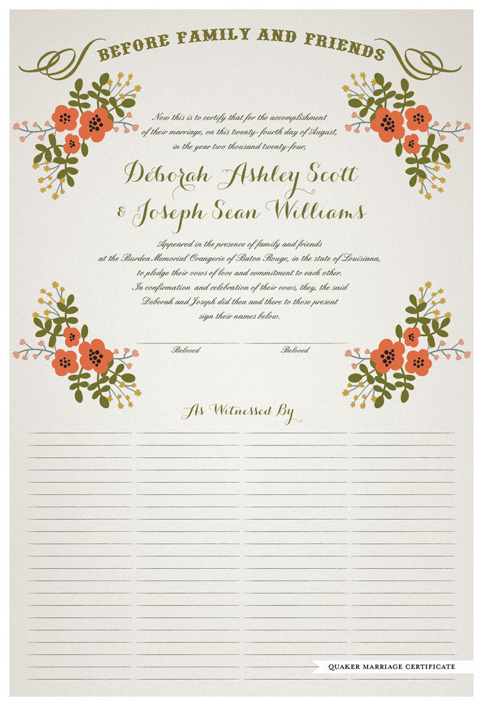 Quaker Marriage Certificate - Folk Garland (ascot gray/red flowers)
