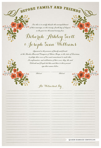Quaker Marriage Certificate - Folk Garland (ascot gray/red flowers)