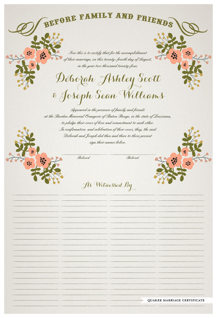 Quaker Marriage Certificate - Folk Garland (ascot gray/tea pink flowers)