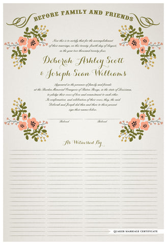 Quaker Marriage Certificate - Folk Garland (ascot gray/tea pink flowers)