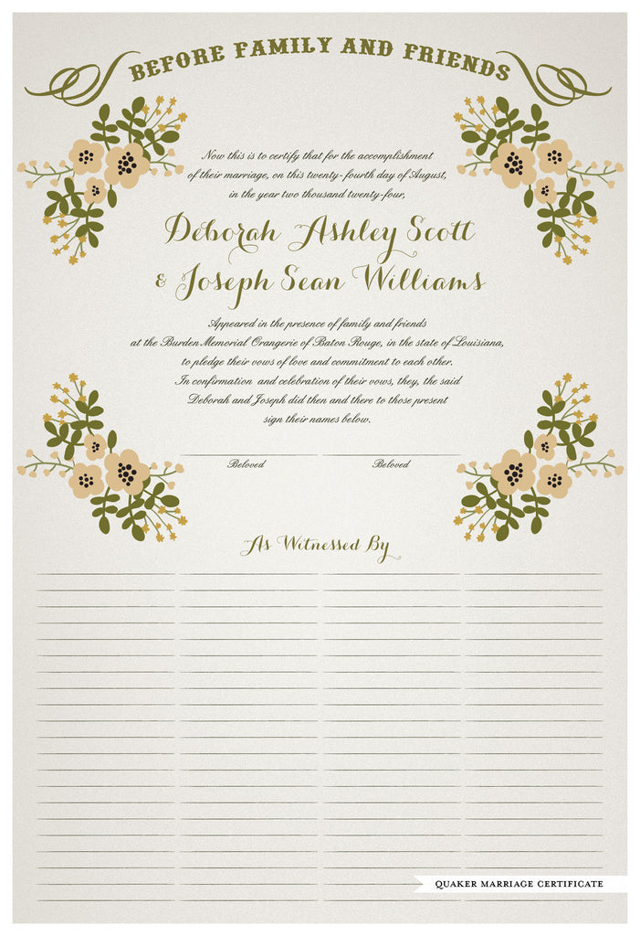 Quaker Marriage Certificate - Folk Garland (ascot gray/vanilla flowers)