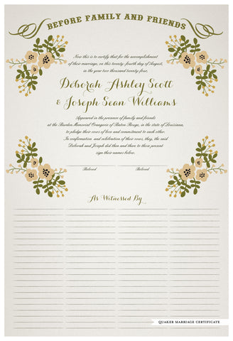 Quaker Marriage Certificate - Folk Garland (ascot gray/vanilla flowers)