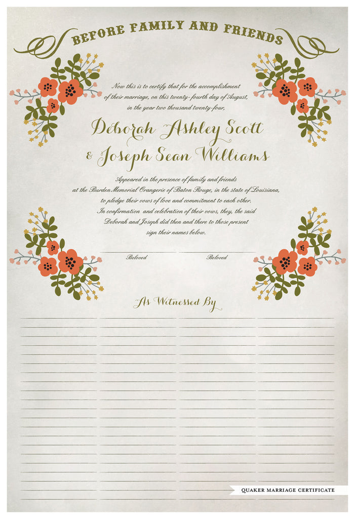 Marriage Certificate - Folk Garland (watercolor ascot gray/red flowers)