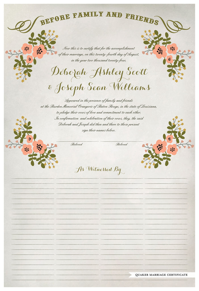 Marriage Certificate - Folk Garland (watercolor ascot gray/tea pink flowers)