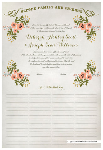 Marriage Certificate - Folk Garland (watercolor ascot gray/tea pink flowers)