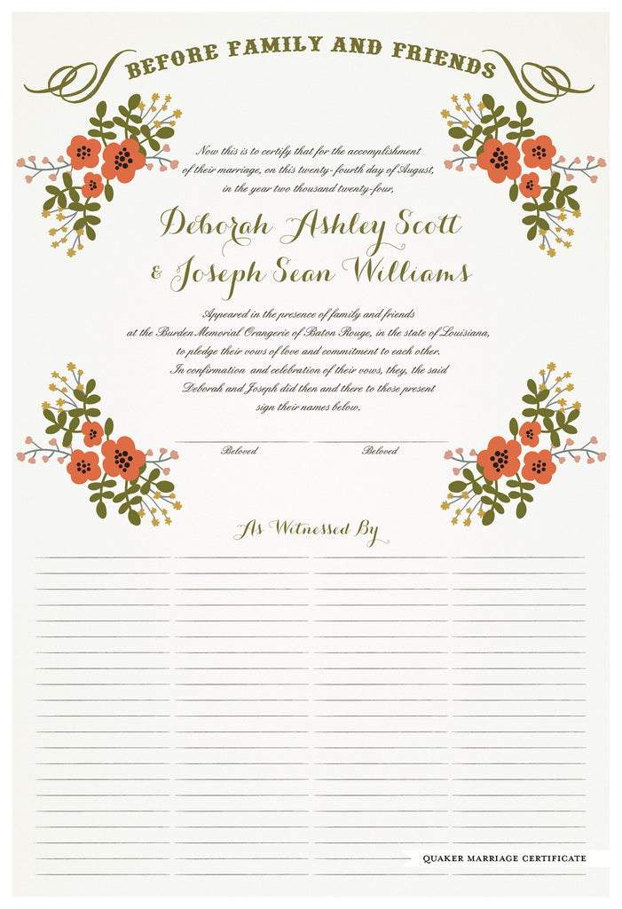Quaker Marriage Certificate - Folk Garland (eggshell/red flowers)