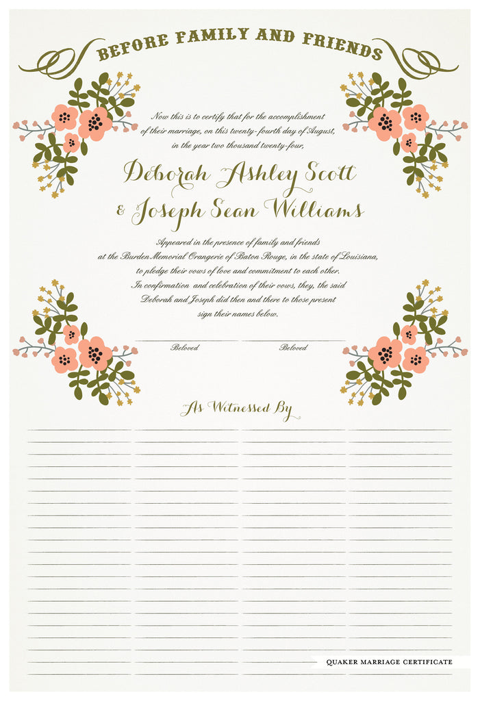 Quaker Marriage Certificate - Folk Garland (eggshell/tea pink flowers)