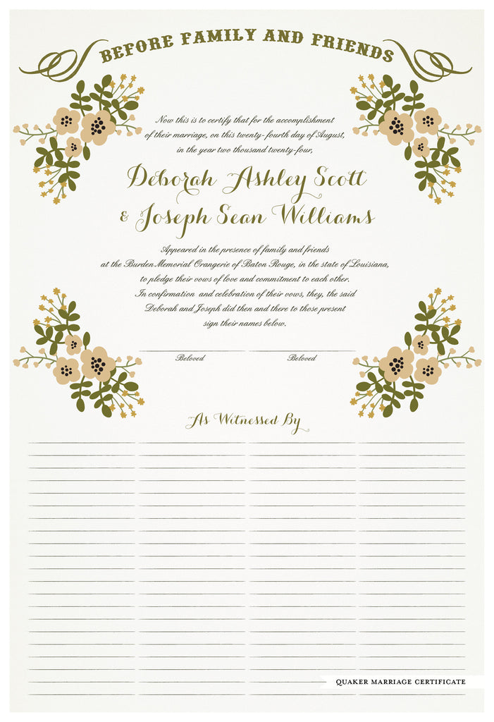 Quaker Marriage Certificate - Folk Garland (eggshell/vanilla flowers)