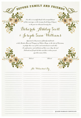 Quaker Marriage Certificate - Folk Garland (eggshell/vanilla flowers)