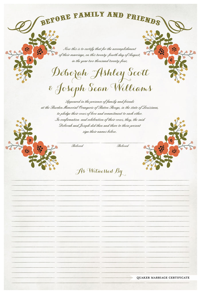 Marriage Certificate - Folk Garland (watercolor eggshell/red flowers)