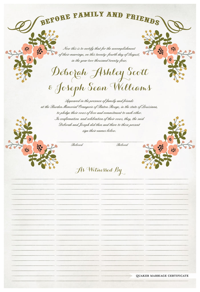 Marriage Certificate - Folk Garland (watercolor eggshell/tea pink flowers)