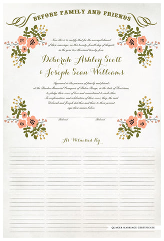 Marriage Certificate - Folk Garland (watercolor eggshell/tea pink flowers)