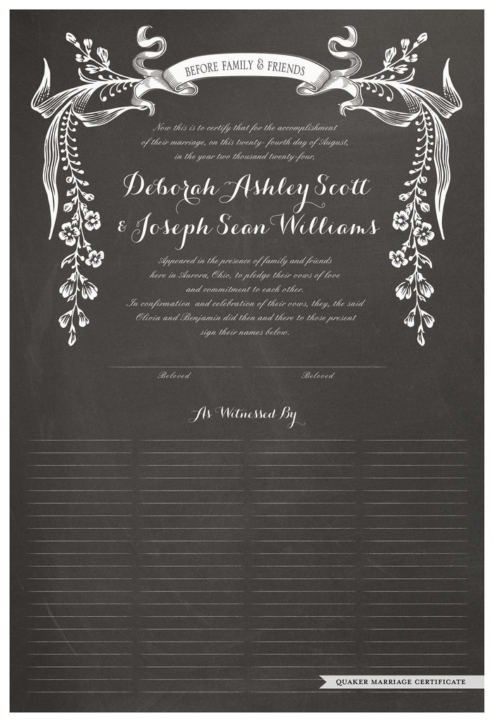 Quaker Marriage Certificate - Wild Flowers (chalkboard charcoal)