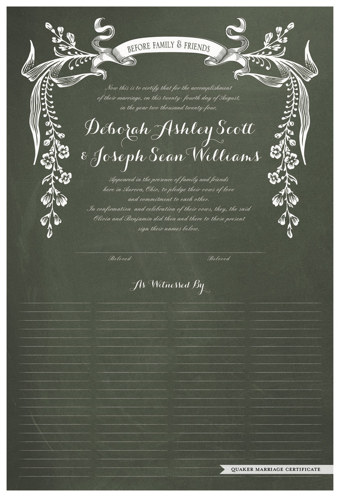 Quaker Marriage Certificate - Wild Flowers (chalkboard moss)