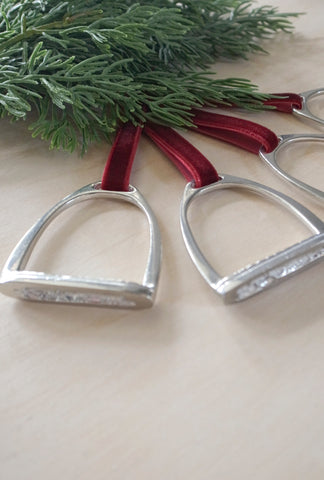 Pewter Equestrian Stirrup Ornament with Velvet Ribbon
